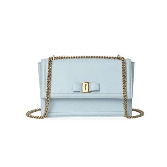 Salvatore Ferragamo Handbags - Salvatore Ferragamo Ginny Vara Bow Embossed Pale Blue Pebble Calfskin Flap Bag
